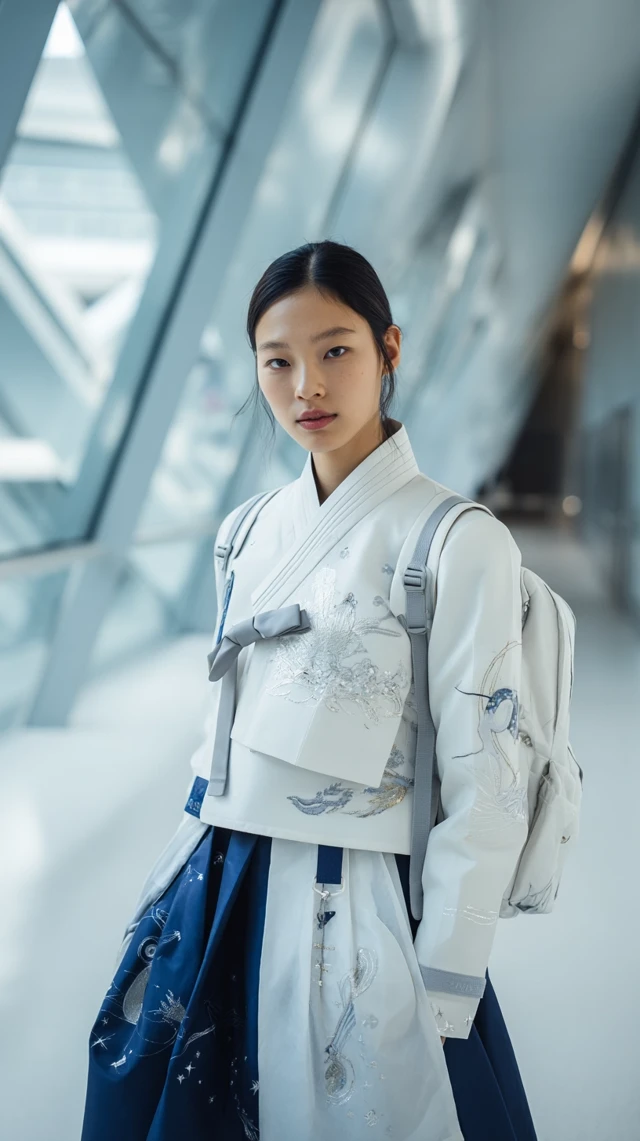 Korean Girl in Hanbok Style Uniform Futuristic School