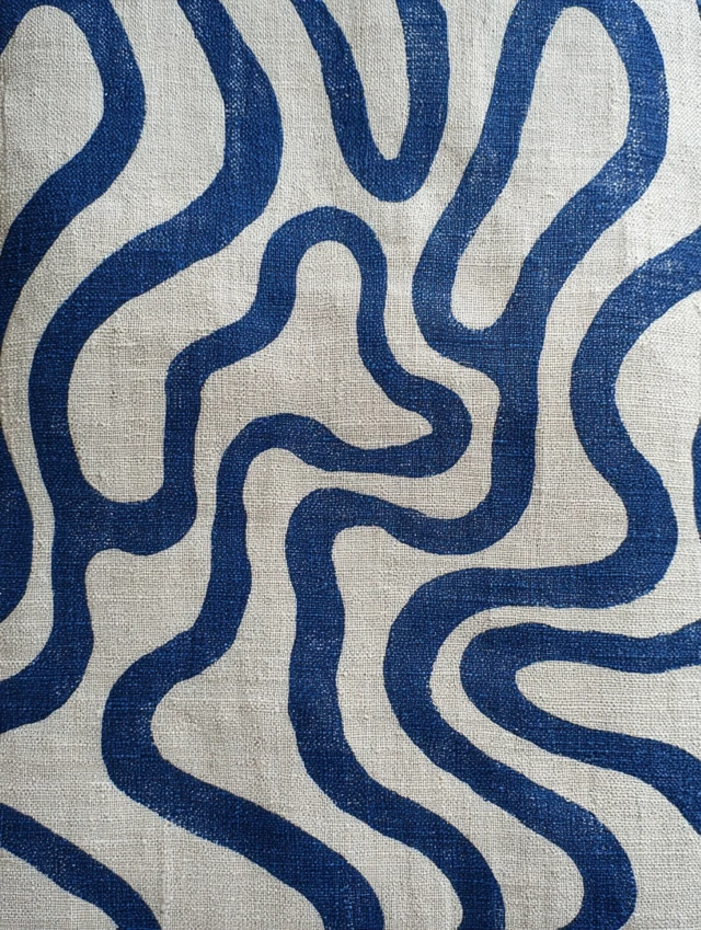 Linen Fabric with Wavy Blue Block Print Pattern