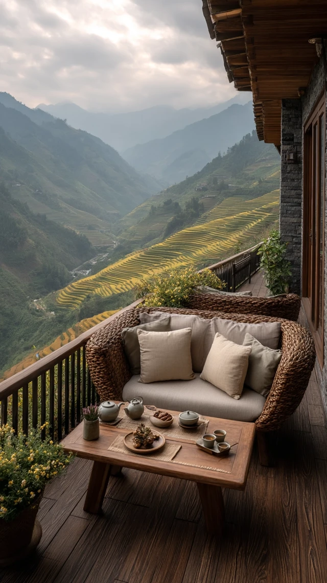 Mountain Balcony Serenity Terraced Fields Tea Time