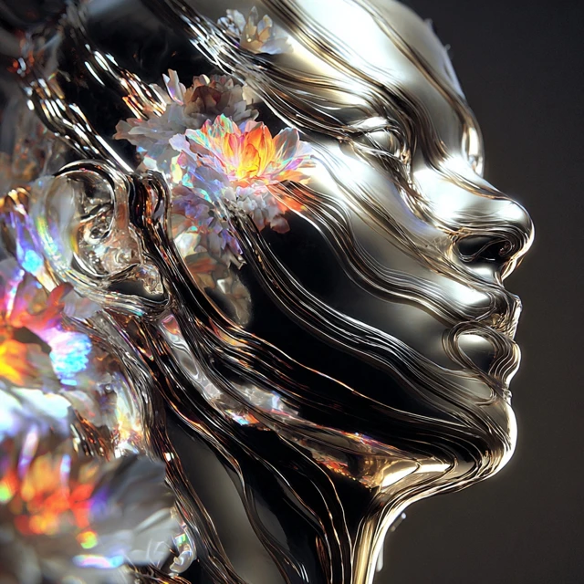 Abstract Metallic Portrait with Flowers
