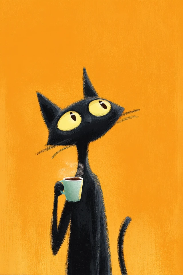 Black Cat Cartoon Drinking Coffee Illustration