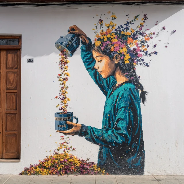 Mural Girl with Flowers and Coffee Cup