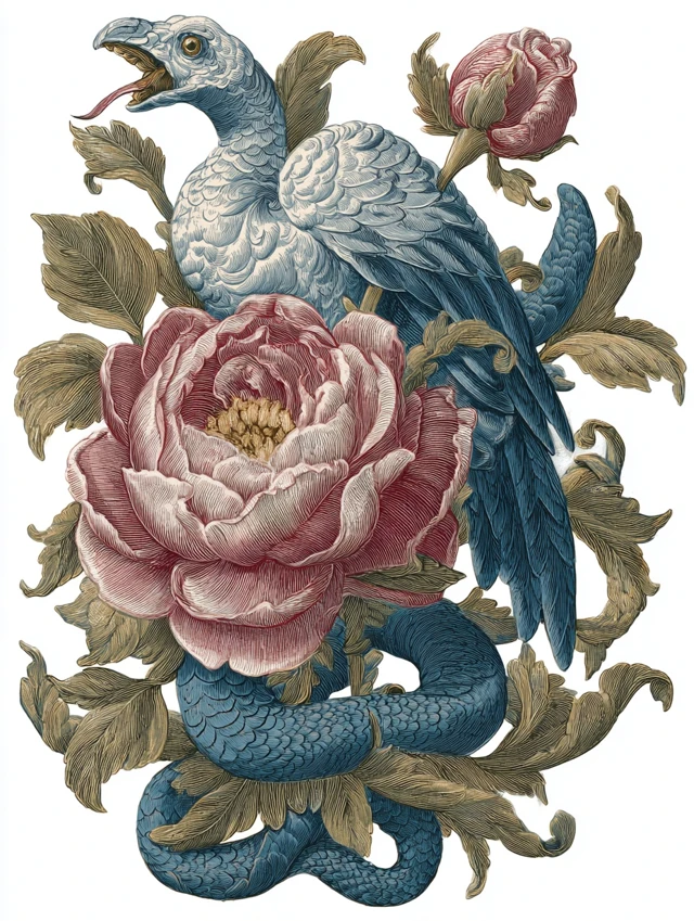Snake Dove and Rose Old English Illustration