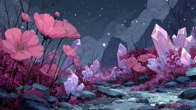 Anime Fantasy Landscape Crystal Flowers Digital Art