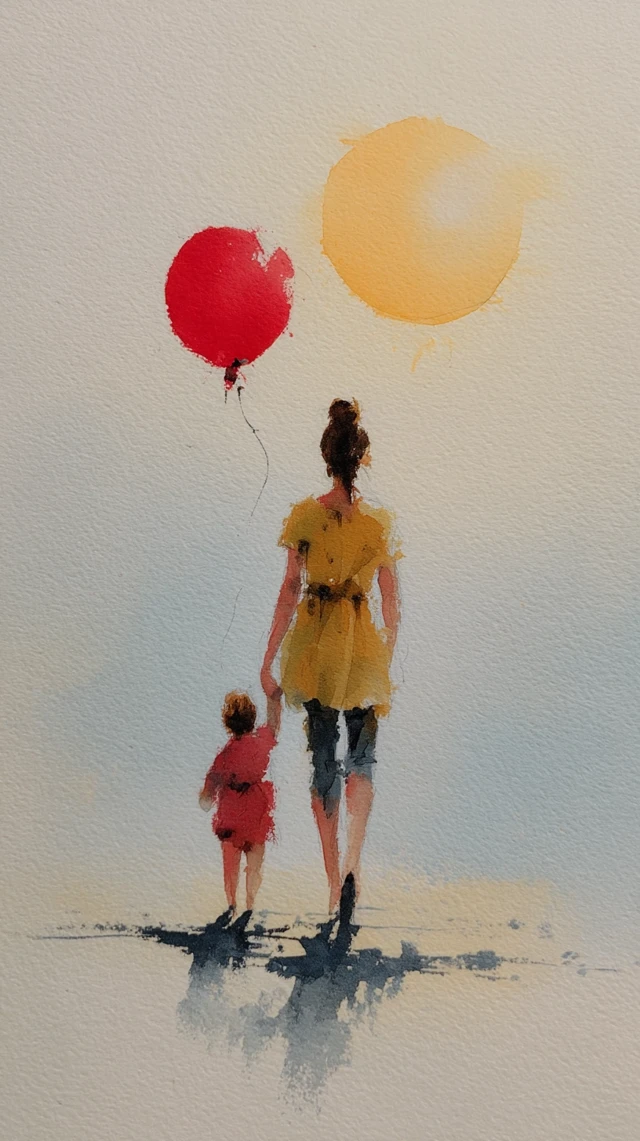Watercolor Painting: Mother and Child Walking Towards the Sun