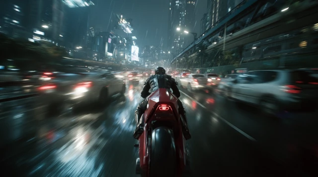 Futuristic Motorcycle on Rainy City Road