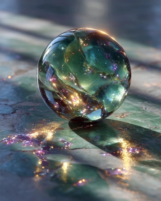 Glass Orb Reflecting Rainbow Particles SciFi Art