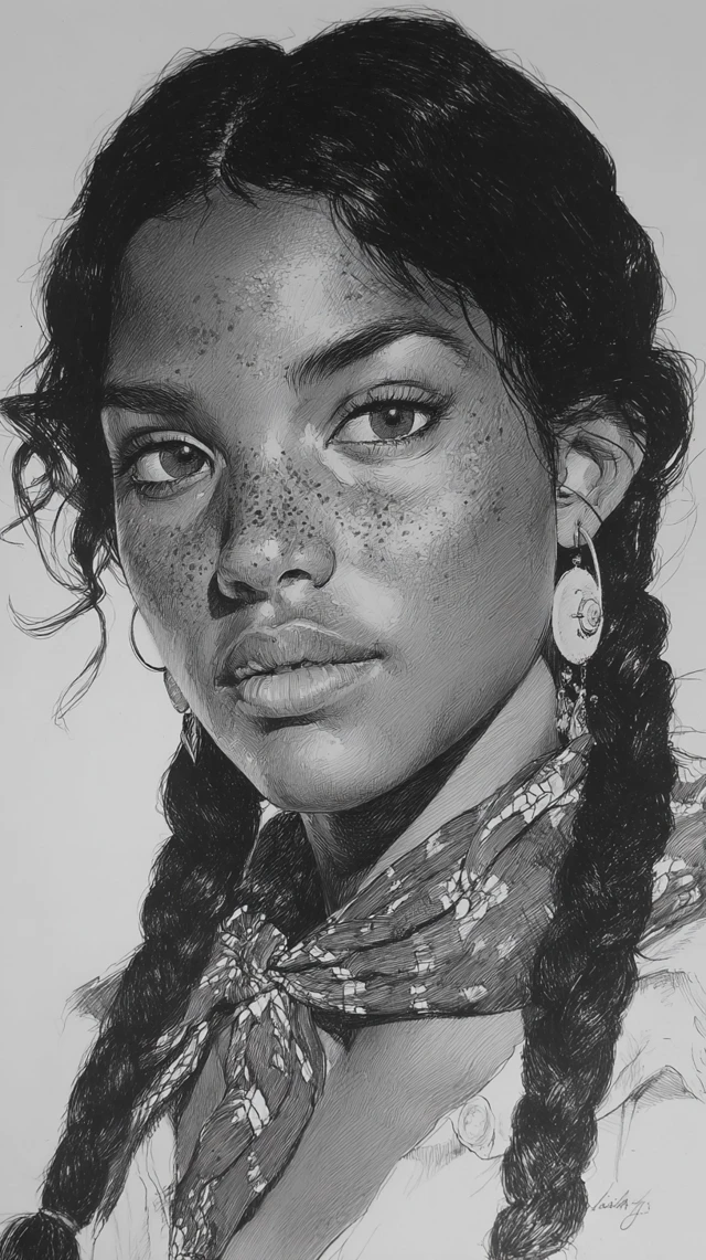 Indigenous American Woman Pencil Drawing Portrait
