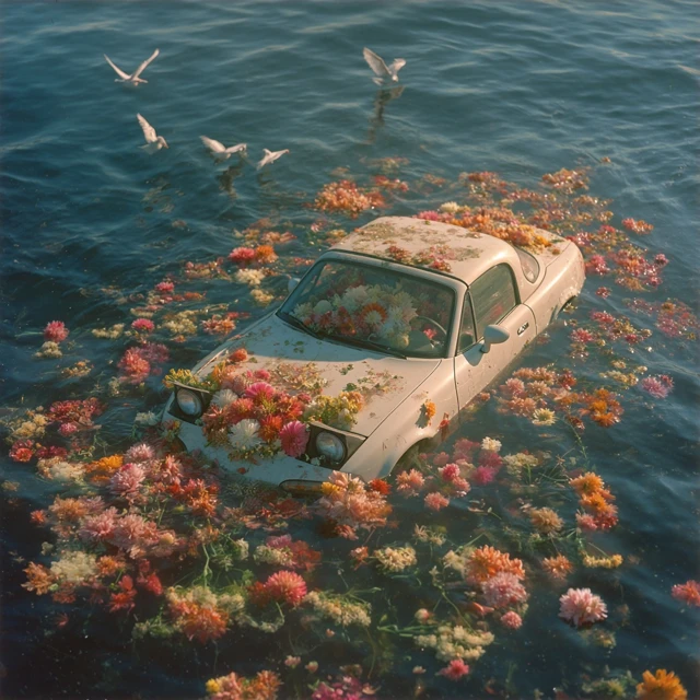 Flooded Mazda Miata Car with Flowers in Ocean