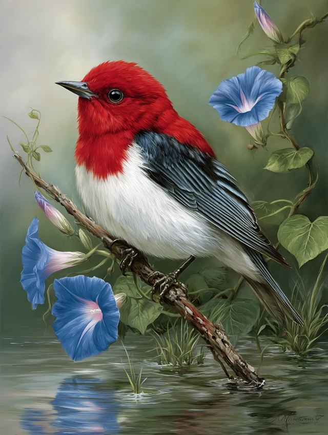 Birds on Branch with Blue Flowers Painting