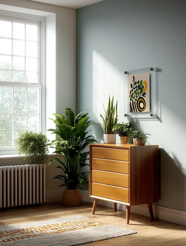 Bright Interior Room with Plant Decor and Floating Frame