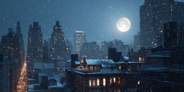 New York City Rooftop Winter Night Snowfall