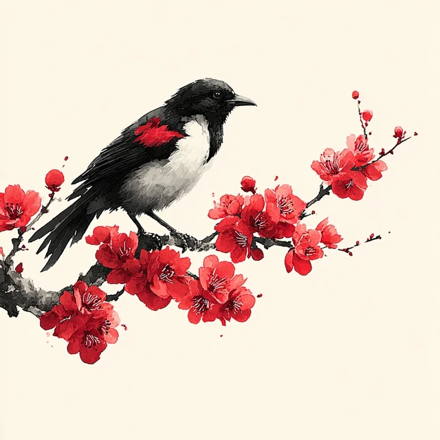 Oriental Bird on Cherry Blossom Branch Art