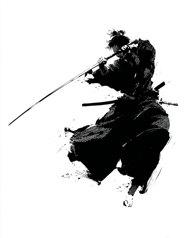 Lone Samurai Swinging Katana Black and White Ink Art