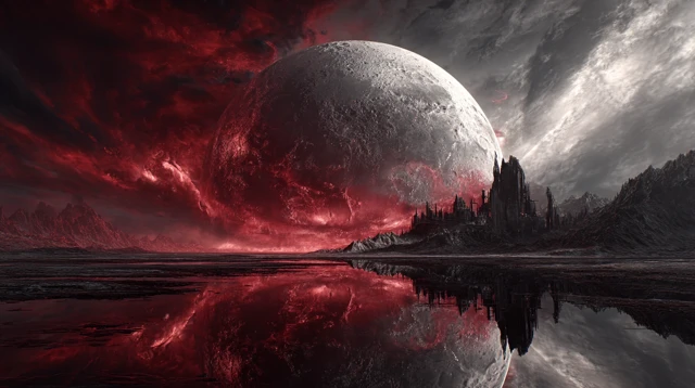 Surreal Alien Landscape with Crimson Moon Concept Art