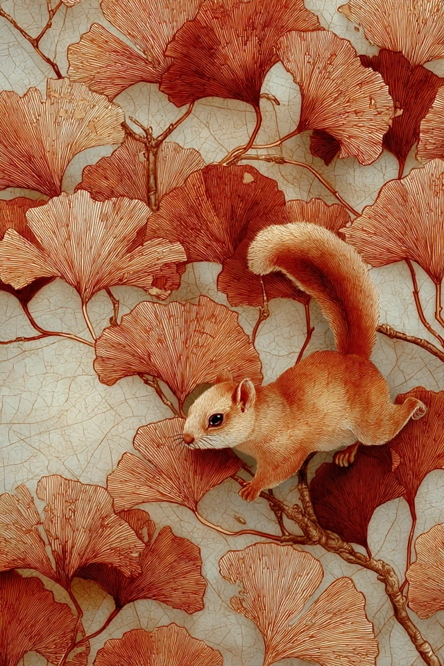 Chinese Painting: Squirrel in Ginkgo Leaves