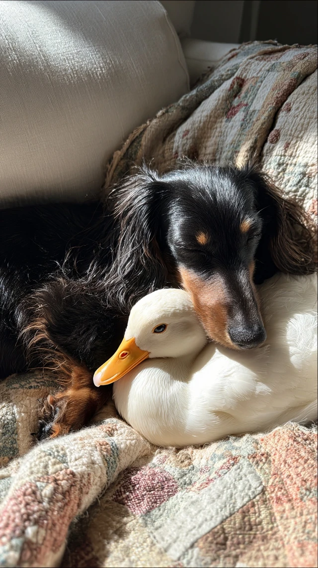 Dachshund and Duck Sleeping Cute Pets Snuggled Up