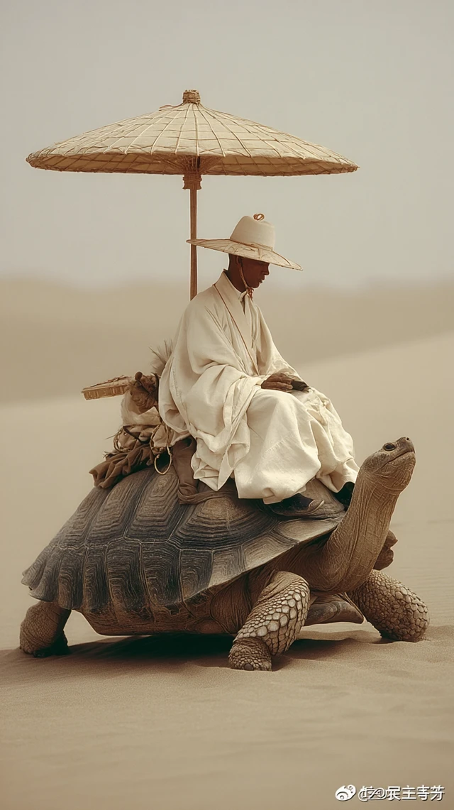 Ancient Chinese Taoist on Giant Turtle in Desert