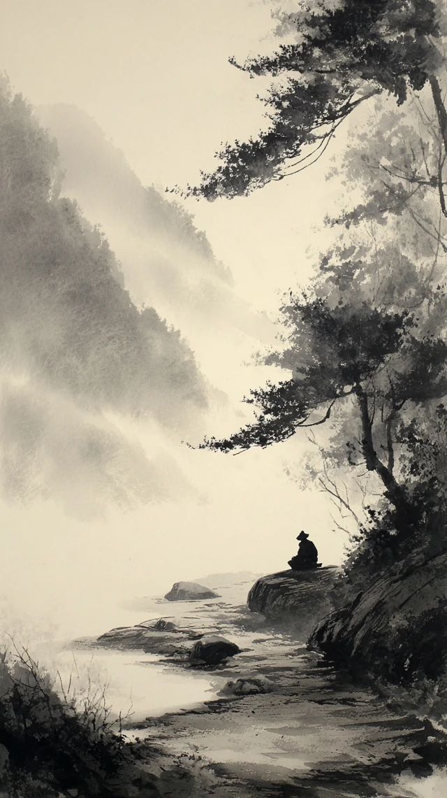 Korean Ink Wash Painting of a Traveler in Nature