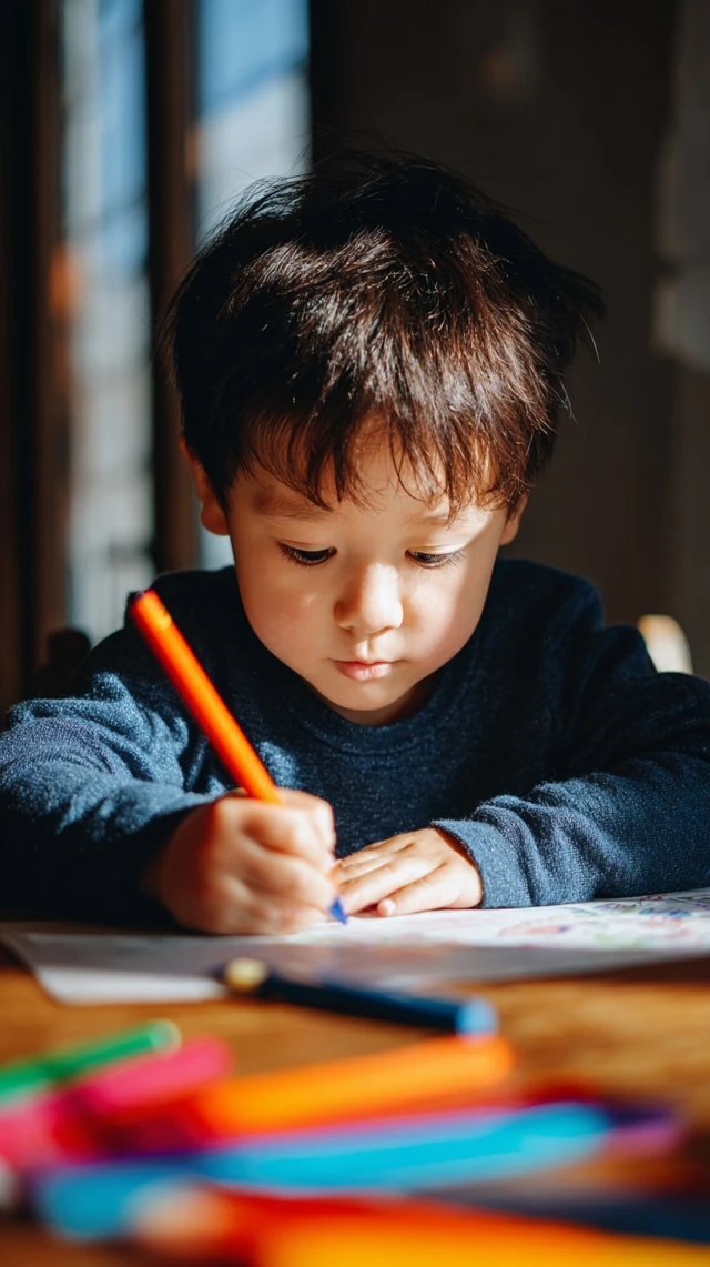 Adorable Boy Coloring at Desk Bittersweet Moment