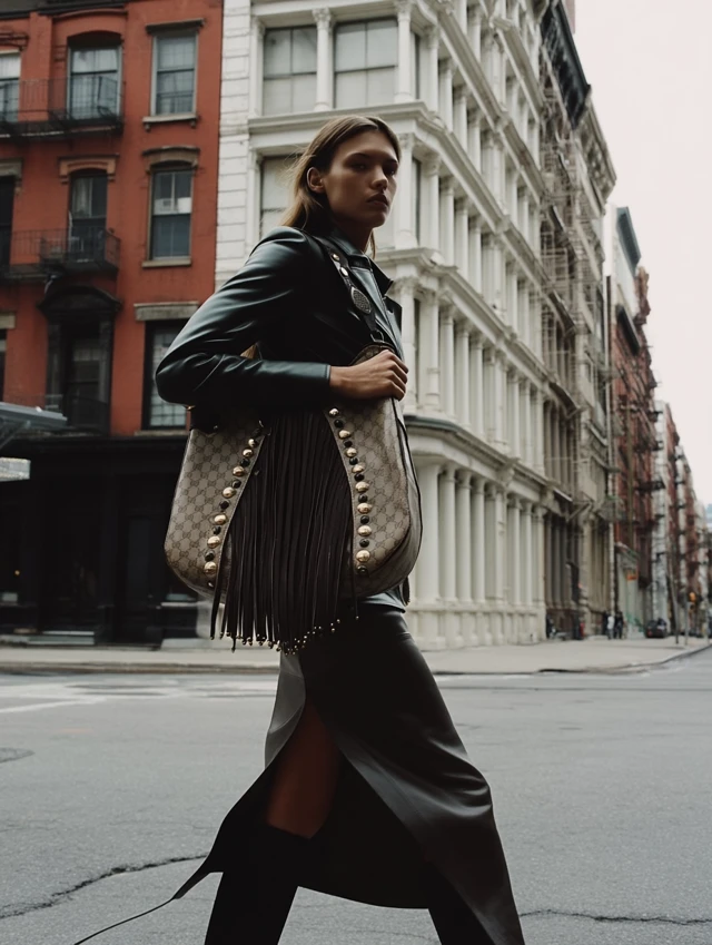 Fashion Photograph Soho NYC Model Leather Jacket Handbag