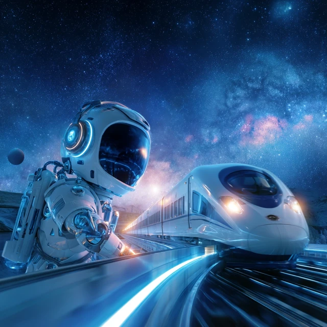 Astronaut Train Ride Through Space Cartoon