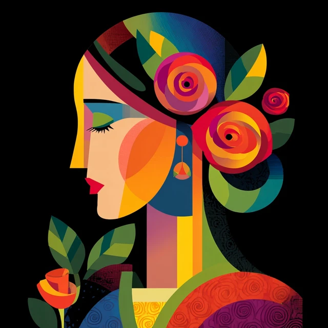 Cubist Portrait Woman with Roses