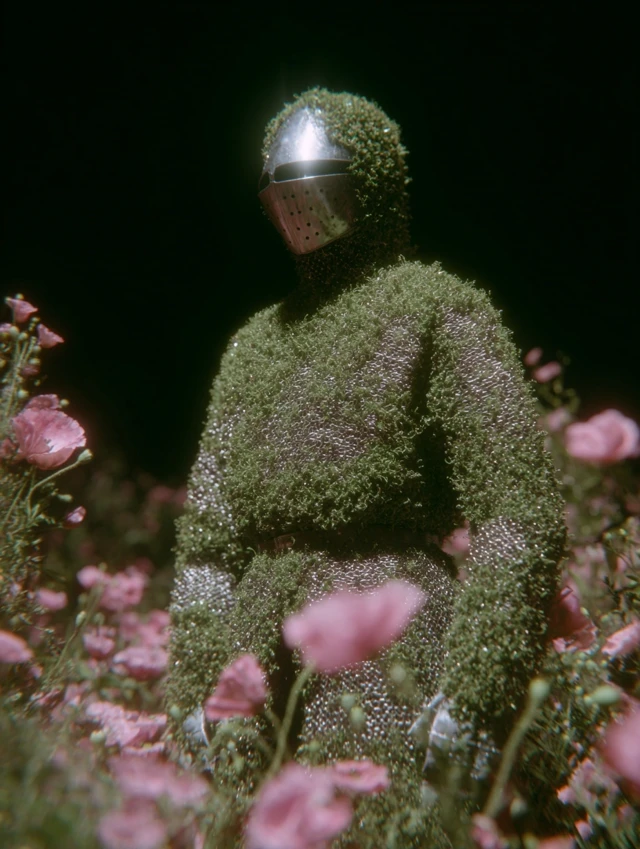 Knight in Moss Armor Surrounded by Poppies