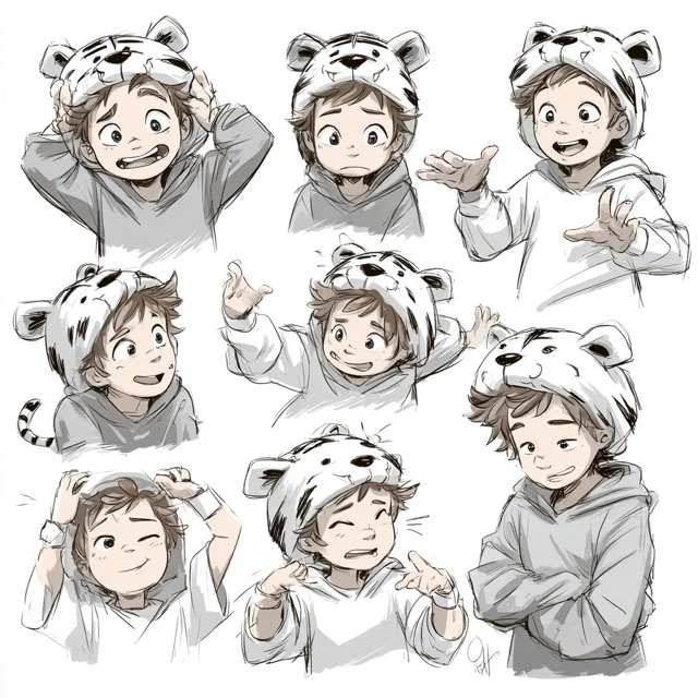 Cute Boy with Tiger Hat in Various Poses and Expressions
