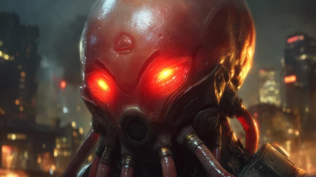 Dark Cyberpunk Warrior in Destroyed City