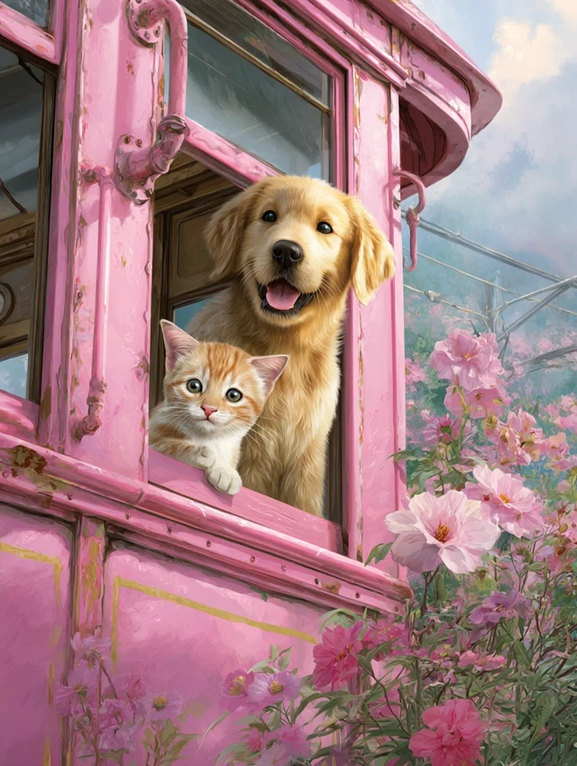 Cute Cat and Golden Retriever in a Pink Train