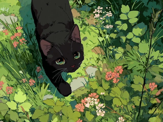Anime Black Kitten in Greenery Studio Ghibli Style