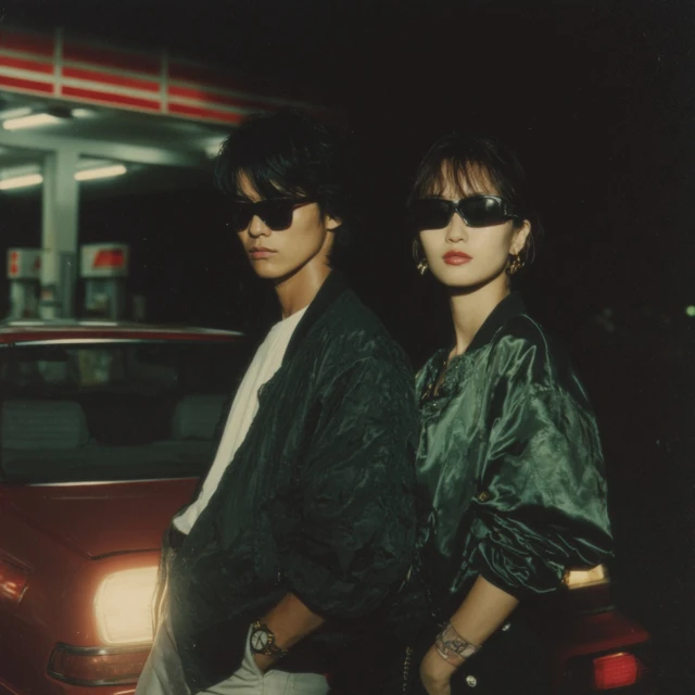 Japanese Couple in 80s Fashion at Gas Station