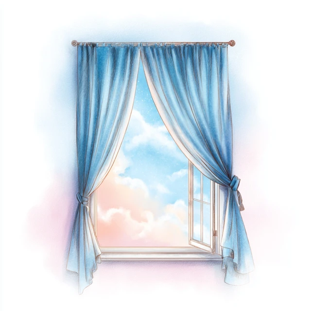 Window with Blue Curtain Childrens Illustration