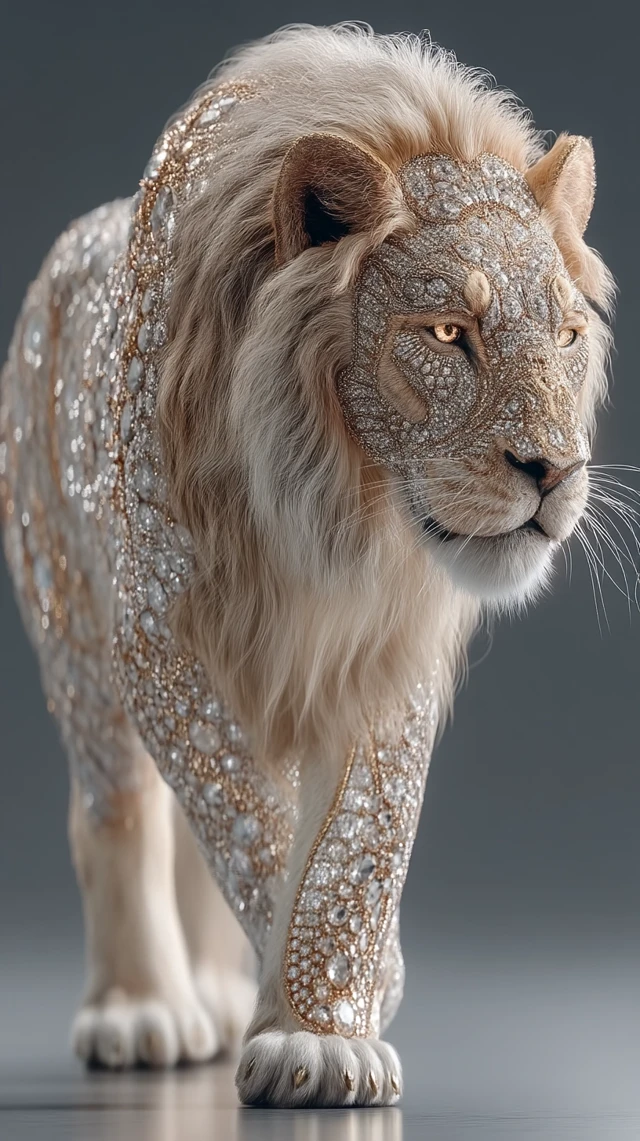 Diamond Lion: Majestic Gold and Gemstone Artwork