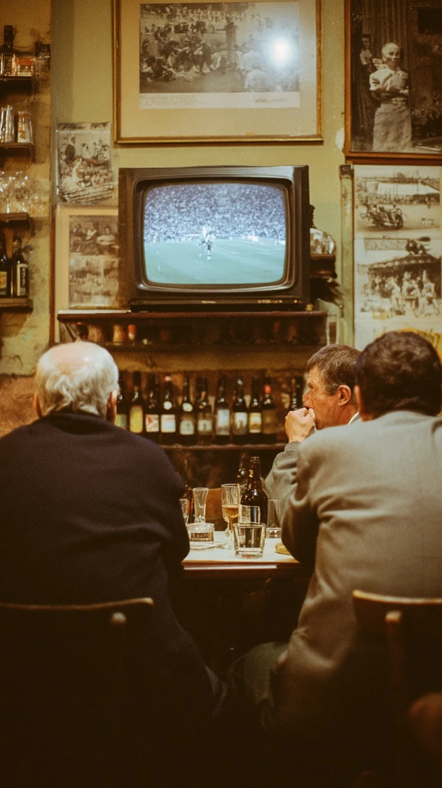 Italian Men Watch Football in 1970s Cafe