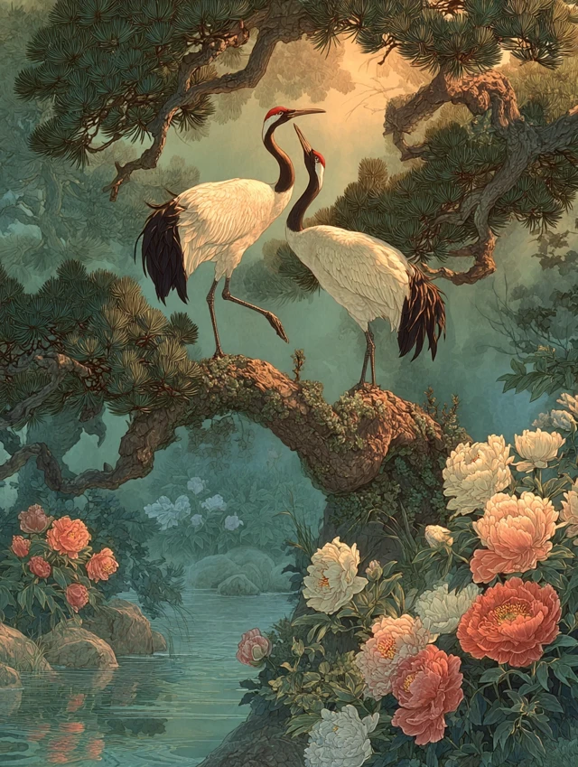 Red Crowned Cranes Romantic Watercolor Painting