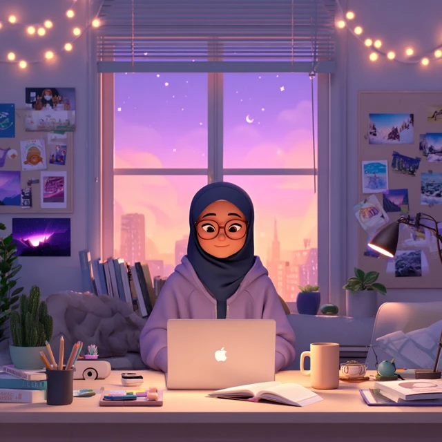 3D Pixar Woman Working at Desk with Sunset View
