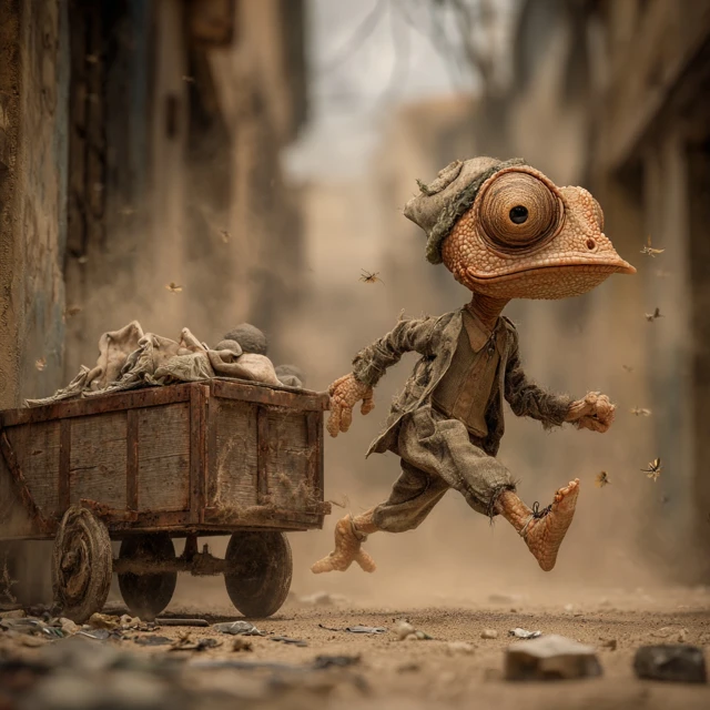 Chameleon Chases Flies Grimy Surreal Urban Scene
