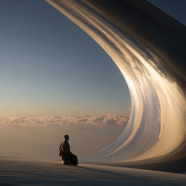 Sci Fi Scene Monk Contemplation Serene View Golden Hour