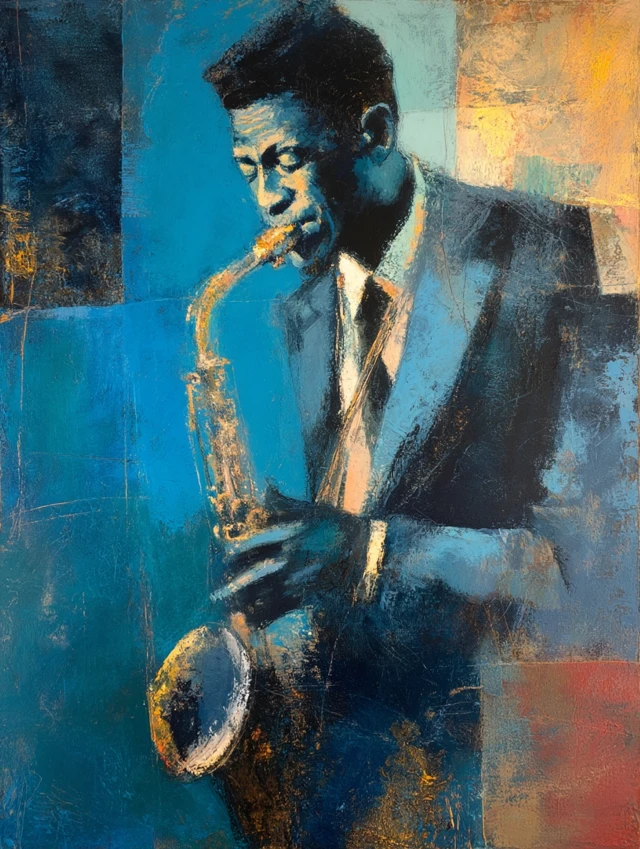 Jazz Saxophonist in Shades of Blue and Gold Portrait