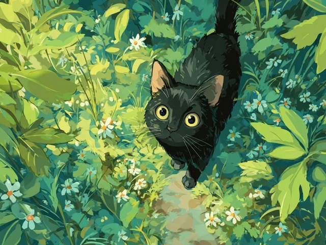 Anime Black Kitten in Greenery Studio Ghibli Style