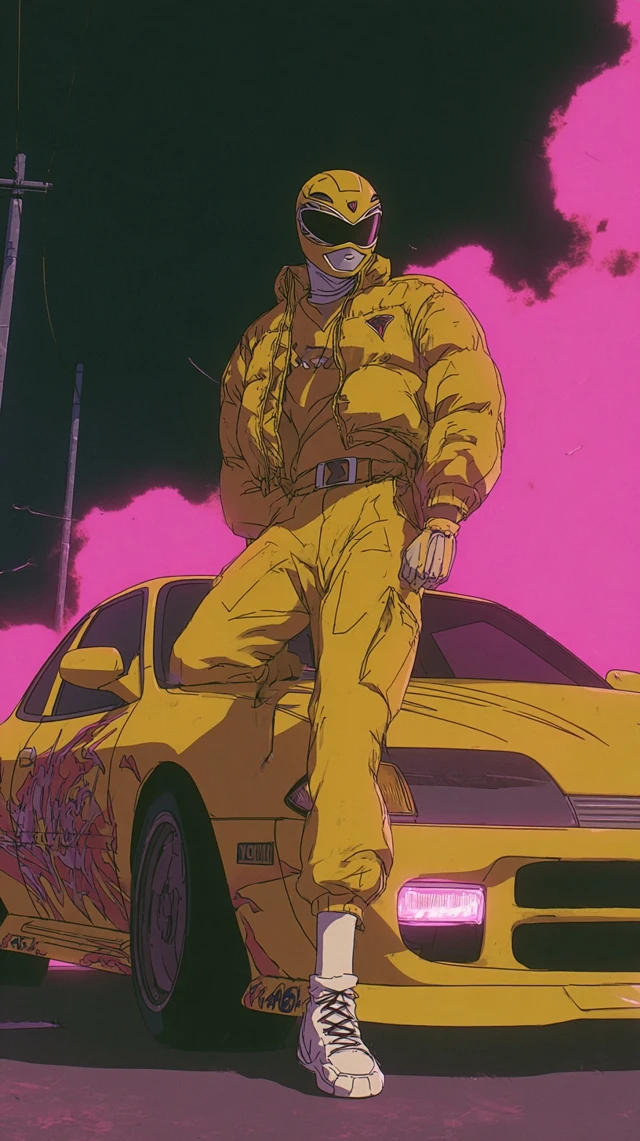 90s Anime Yellow Power Ranger with JDM Car