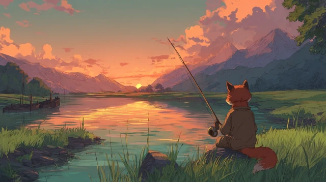 Anime Sunset Fishing Fox and Boy Serene Scene