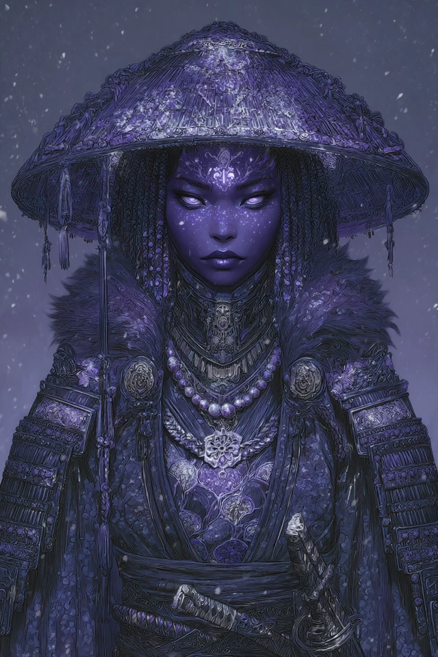 Gothic Samurai Woman in Violet Armor