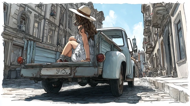Girl in Vintage Truck Watercolor Illustration