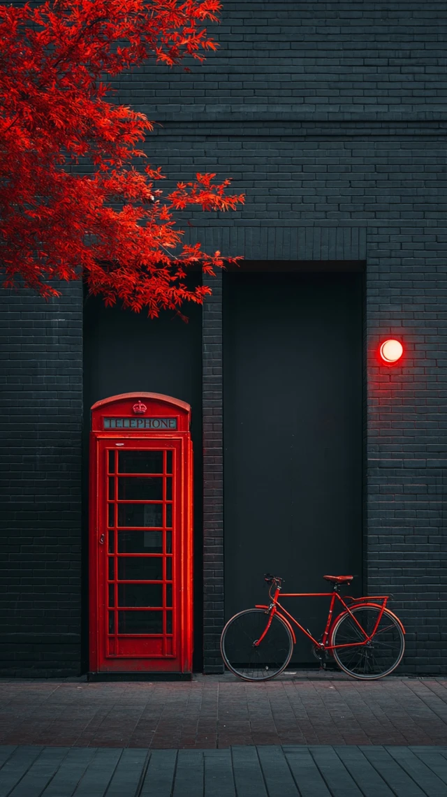 Red Telephone Booth and Bicycle Urban Scene