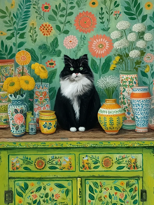 Folk Art Still Life: Cat, Flowers and Ceramics