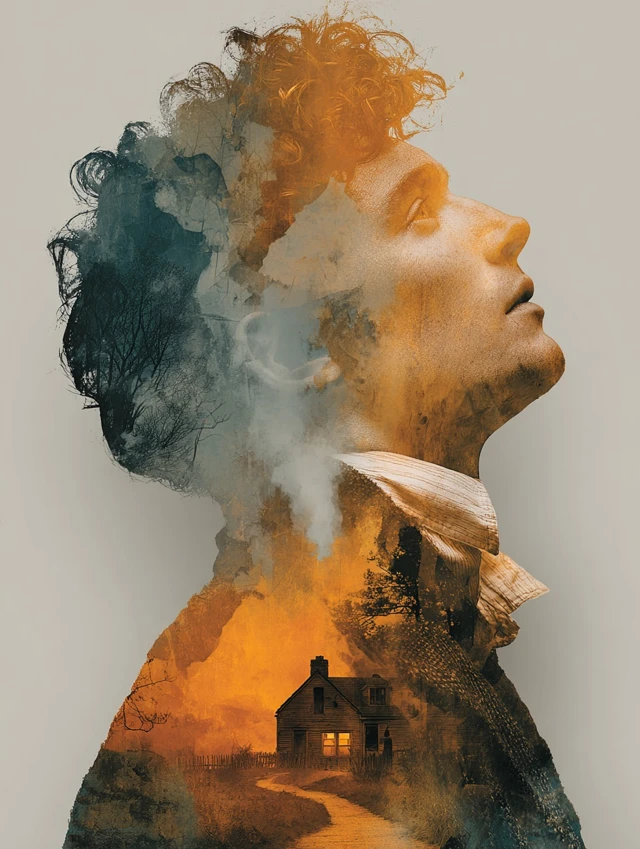 Double Exposure Man and Home Longing