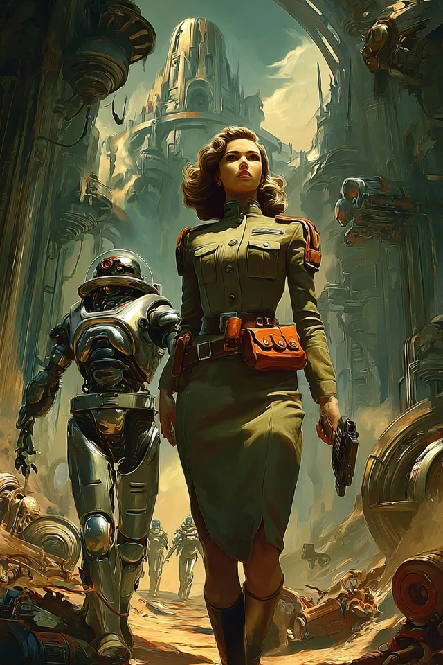 Retro SciFi Explorer and Robot in Alien Palace
